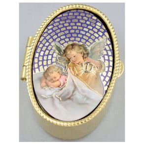 Rosenkranzdose Engel oval, goldfarben, 5 x 3,5 cm