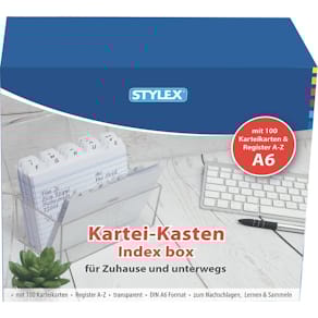 Karteikasten STYLEX Plastik, transparent, A6, 100 Karten, A–Z-Tab