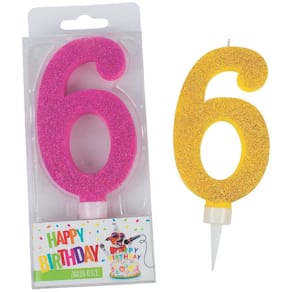 Geburtstagskerze TRENDHAUS Glitter Maxi, Zahl 6, sortiert