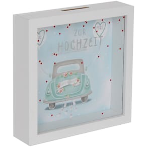 Spardose EigenArt, Glasfront, weiß/blau, 16x16x10cm, "Zur Hoch­ze