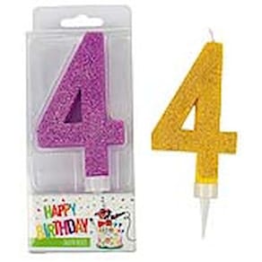 Geburtstagskerze TRENDHAUS Zahl 4, sortierte Farben, Glitter Maxi