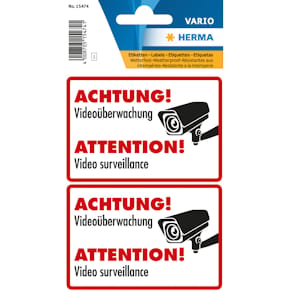 Hinweisetiketten HERMA Videoüberwachung, 85 x 55 mm, rot, 2 Stück