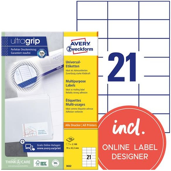 Etikett AVERY Ultragrip 70x42,3mm (2100)
