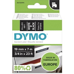 Tape Dymo D1, 19 mm, wit op zwart