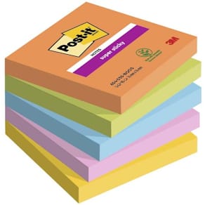 Notes Post-it Super Sticky, 76x76 mm, assorterede farver, 5 stk