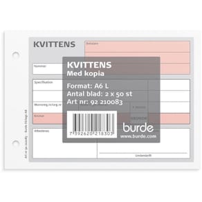 Blankett kvittens A6L m. 1 kopia 2x50 bl
