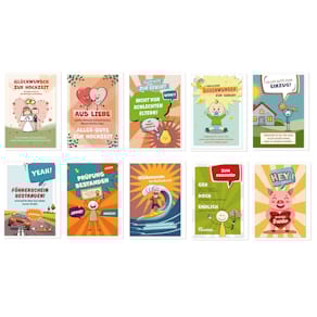 Humorkarte KOMMA³ Heute schon gelacht, sortiert, 10 Motive, mit H