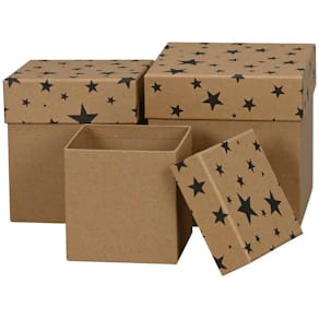 Geschenkkarton Würfel Sterne, schwarz/natur, 3-teilig, 3 Größen