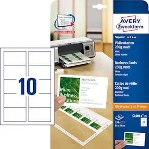 Visitkortsark Laser Matt 200g Avery C32011, 85x54mm, 250/fp