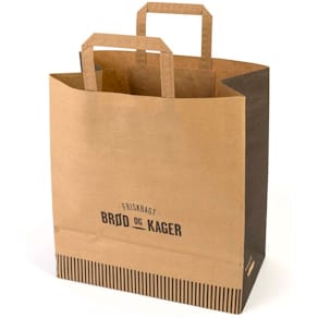 Papirbærepose brun m/flad hank, m/tryk, 320 x 350 mm, 250 stk