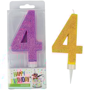 Geburtstagskerze TRENDHAUS Zahl 4, sortierte Farben, Glitter Maxi