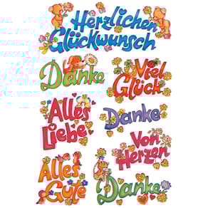 Schmucketikett HERMA Glückwünsche, 16 Stück, beglimmert, bunt