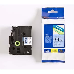Labeltape Brother TZe 36 mm sort på blå, 8 m, 5-pak