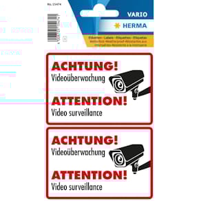 Hinweisetiketten HERMA Videoüberwachung, 85 x 55 mm, rot, 2 Stück