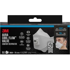 Stofmasker 3M Aura Comfort Cool Flow FFP2, met ventiel, pak van 5