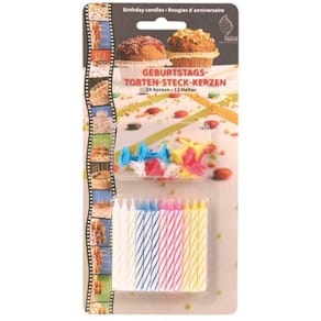 Fødselsdagslys ass. farver, 24 lys + 12 holdere