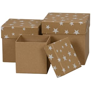 Geschenkkarton Noname Sterne, 3-teilig, weiß/natur, Würfelform