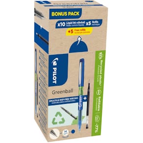 Rollerpen Pilot Greenball, medium punt, 10 stuks + 10 vullingen, 