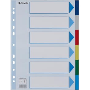 Tabbladen Esselte, 6 tabs, A4, PP, geassorteerde kleuren