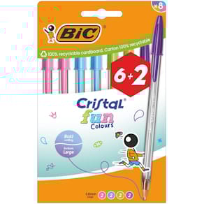 Balpen Bic Cristal Fun, geassorteerde kleuren, etui van 6 + 2