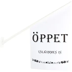 Flagga ''Öppet'' vit med svart text