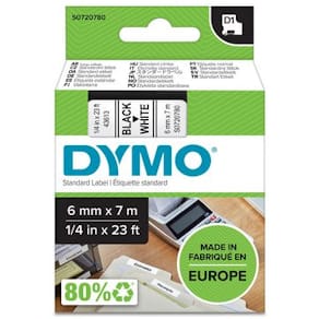 Tape DYMO D1 6mm x 7m sort/hvit