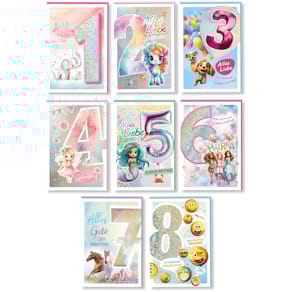 Geburtstagskarte Eulzer, Zahl sortiert, bunt, 1-8 Jahre, mit Umsc