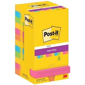 Notessedler Post-it Super Sticky 76x76 mm, assorteret, 12 stk