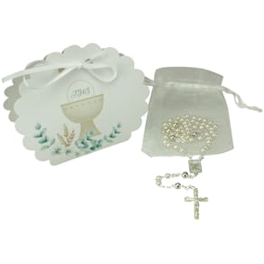 Geschenkset Kommunion mit Glasrosenkranz, weiß/silber