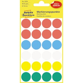 Etiketten Avery Ronde, 18 mm, geassorteerde kleuren, 96 stuks