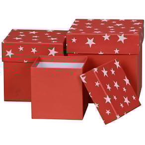 Geschenkkarton Noname Sterne, rot/weiß, 3-teilig, Würfel (10x10x,