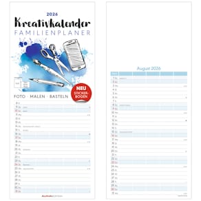 Bastelkalender Alpha Familienplaner 2026, 19,5 x 45 cm, bunt/weiß