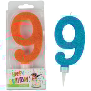 Geburtstagskerze TRENDHAUS, Zahl 9, sortiert, Glitter Maxi