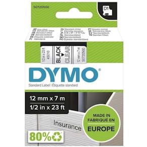 Labeltape DYMO D1 12 mm sort på transparent, 7 m