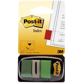 Indexfaner Post-it grøn 25x43 mm, flytbar, skrivebar, 50 stk