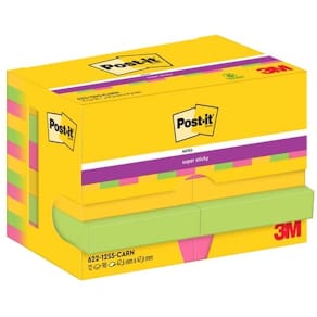 Notes Post-it Super Sticky, assorteret 48x48 mm, PEFC, 12 stk
