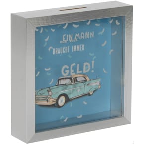 Spardose EigenArt, Glasfront, silber/blau, 16x16x10 cm