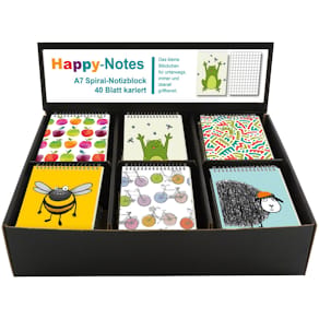 Spiralnotizblock Happy Notes, A7, kariert, 40 Blatt, 6 Motive