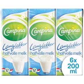 Halfvolle melk Campina, 0,2 liter, pak van 6 stuks