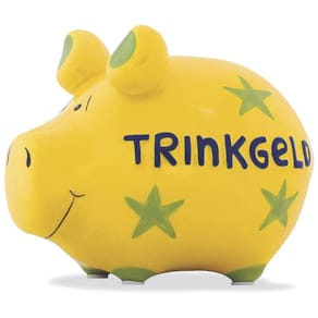 Spardose KCG Trinkgeld, Schwein, klein, gelb/grün