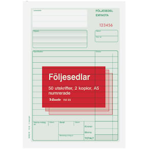 Följesedel A5 med två kopior, numrerade, 3x50 blad, 5st