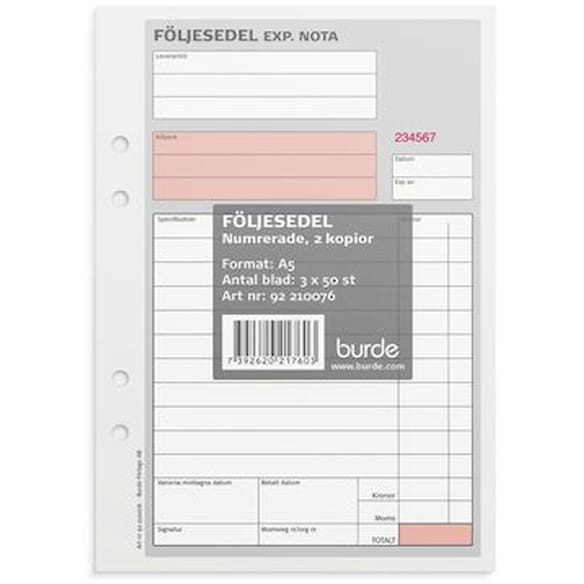 Följesedel A5 med kopia 3x50 blad numrerade